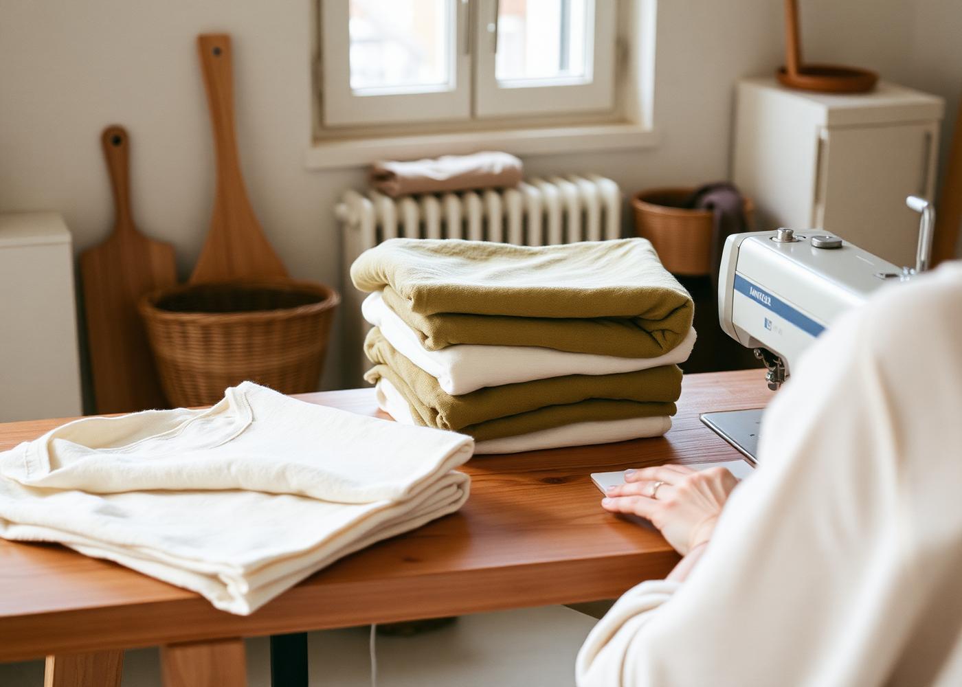 A maker folding organic cotton garments in a small European atelier