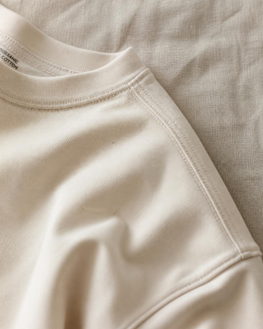 Close-up of the tee's collar and shoulder seam