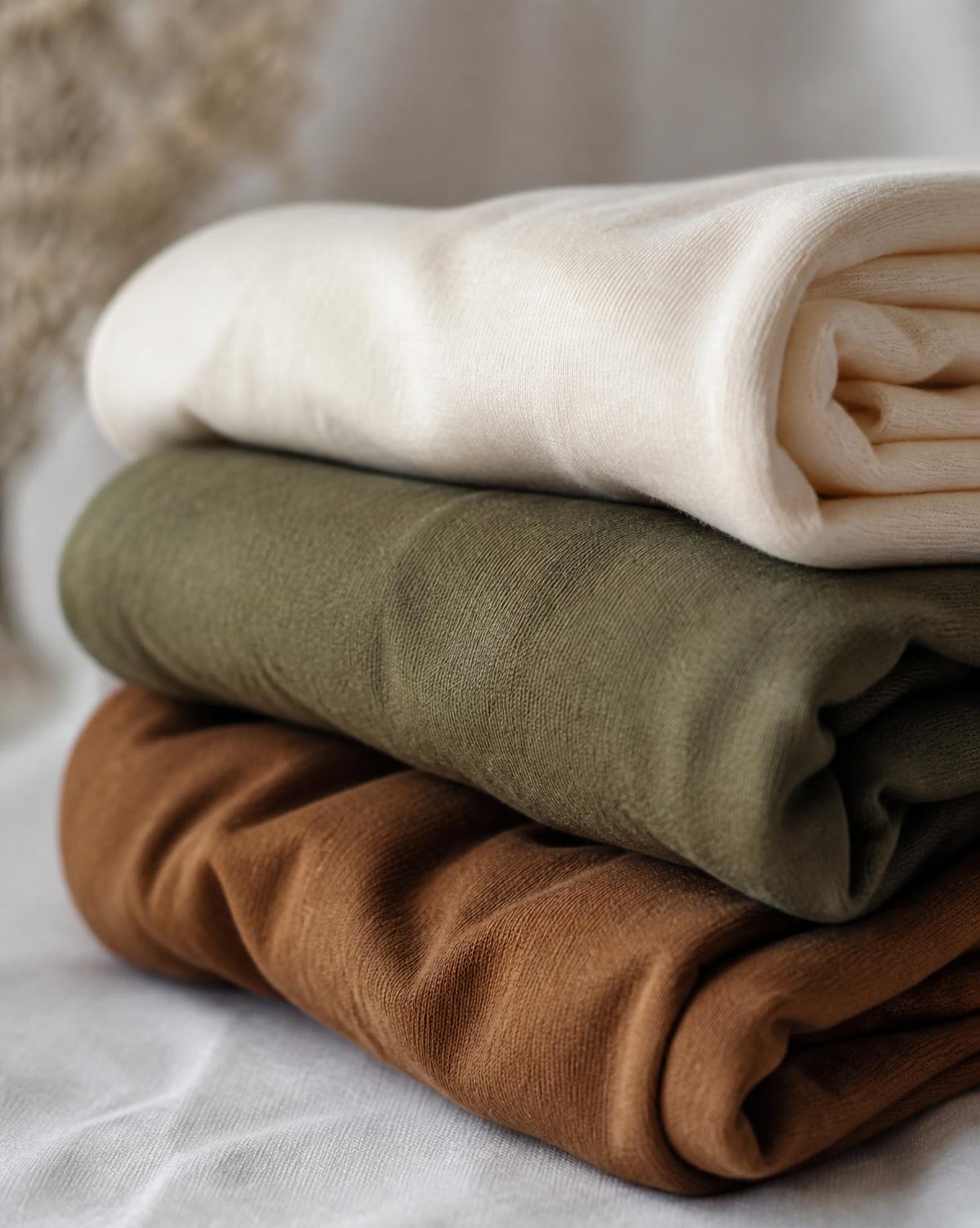 Folded organic cotton garments in cream, olive and clay