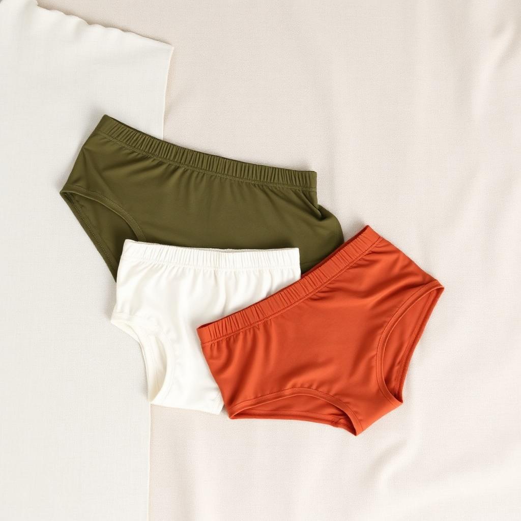 Organic cotton briefs in olive, cream, and terracotta