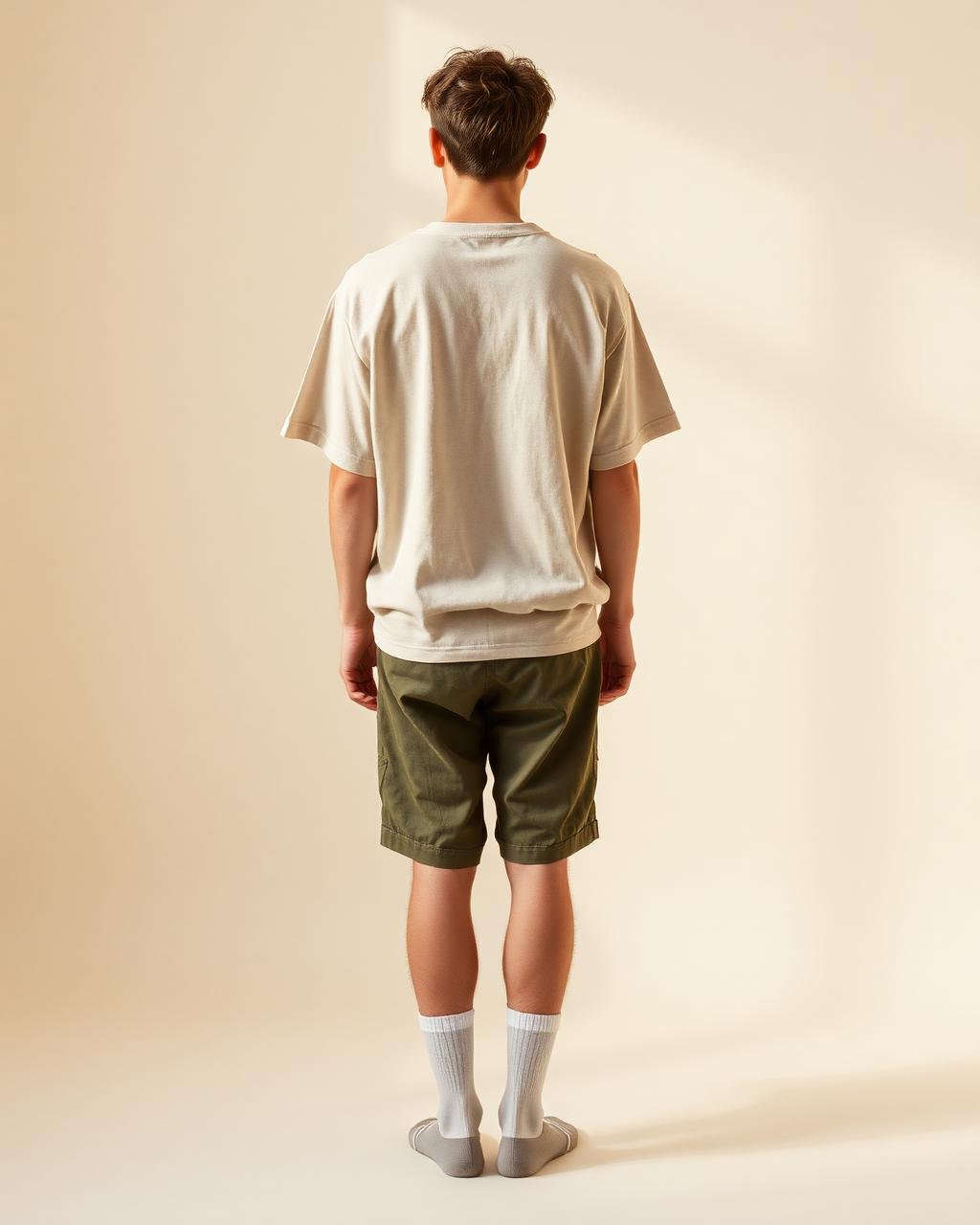 Model wearing the tee, brief and socks, back view