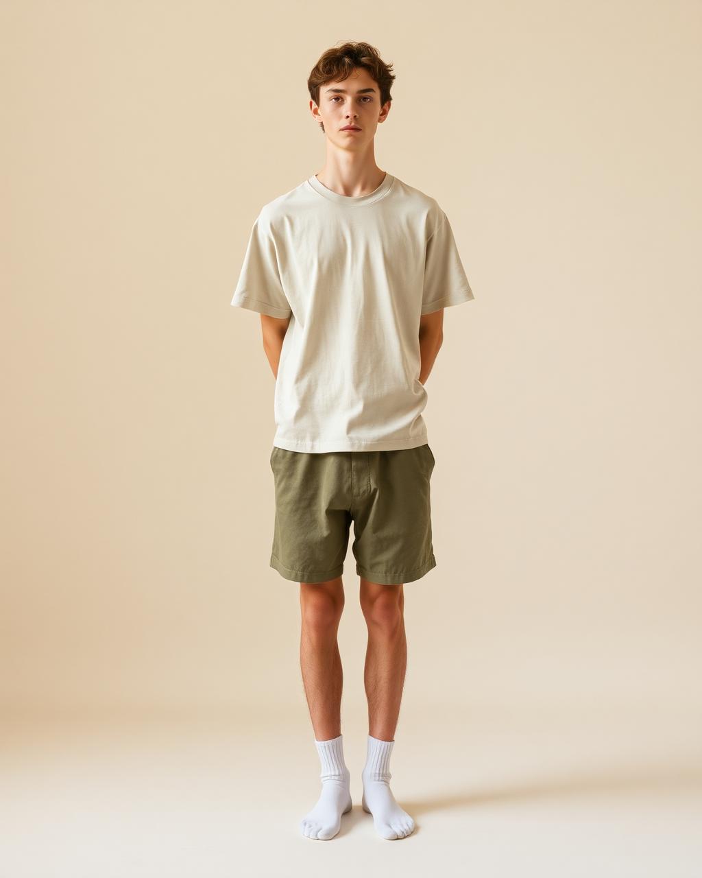 Model wearing the tee, brief and socks, front view