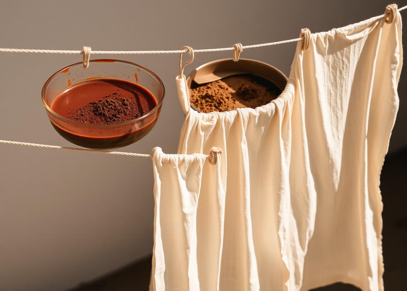 Natural dye baths with madder root and earth pigments beside drying cotton